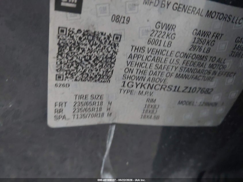2020 Cadillac Xt5 VIN 1GYKNCRS1LZ107682 IAAI salvage auction — SIDE, Salvage Title, sold $25 on 2026-08-19 (photo 9)