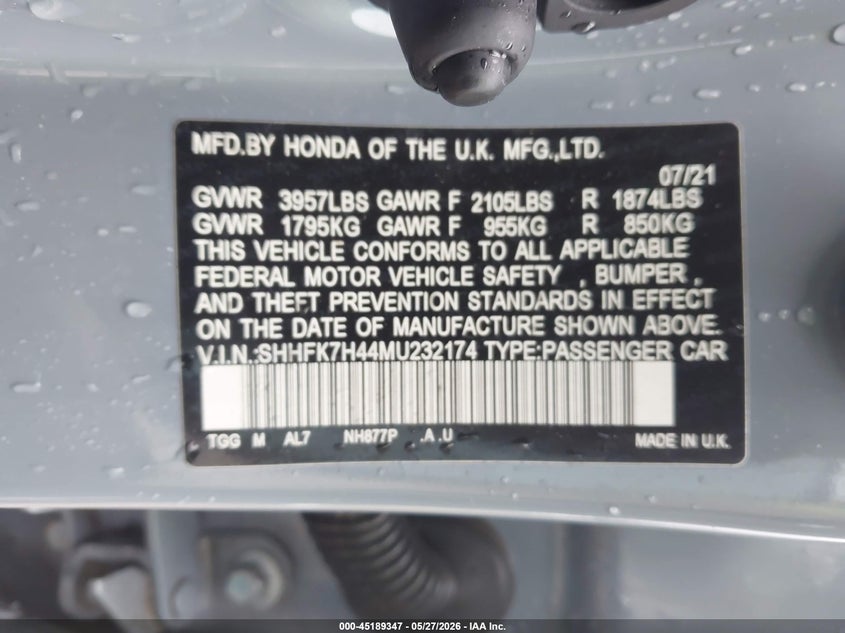 2021 Honda Civic VIN SHHFK7H44MU232174 IAAI salvage auction — FRONT END, Salvage (Texas), sold $2,250 on 2026-07-28 (photo 9)