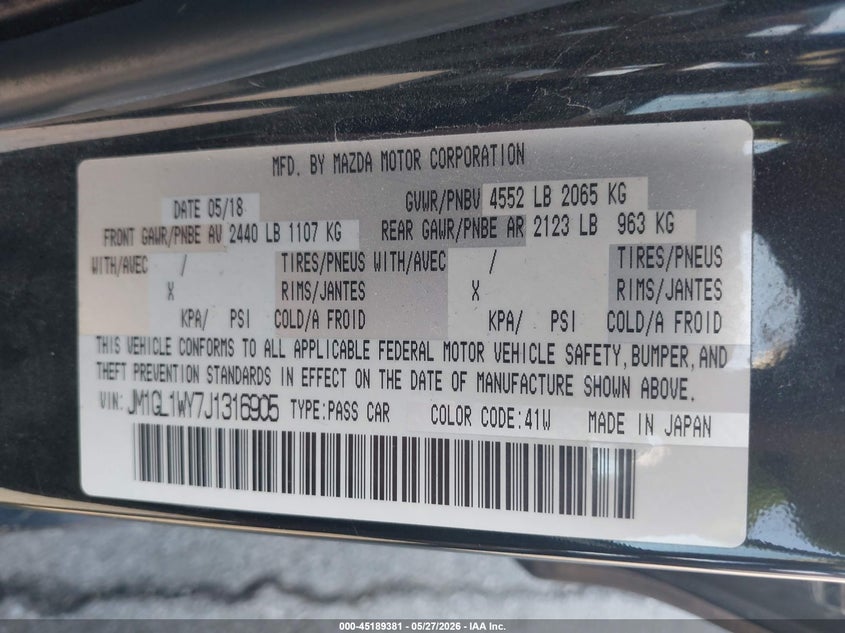2018 Mazda 6 VIN JM1GL1WY7J1316905 IAAI salvage auction — FRONT END, Salvage Title, sold $1,500 on 2026-07-28 (photo 9)