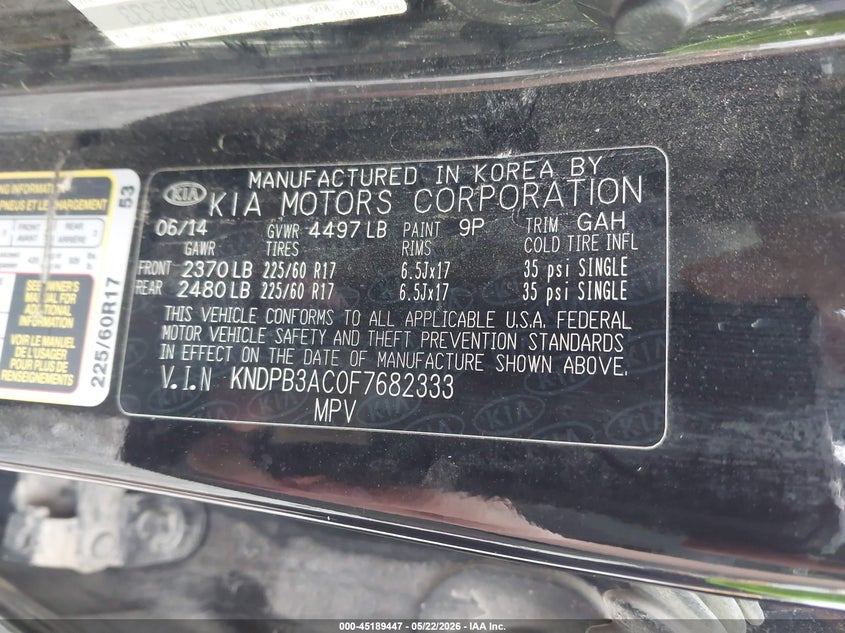 2015 Kia Sportage VIN KNDPB3AC0F7682333 IAAI salvage auction — HAIL, Clear (Missouri), sold $1,150 on 2026-07-06 (photo 9)