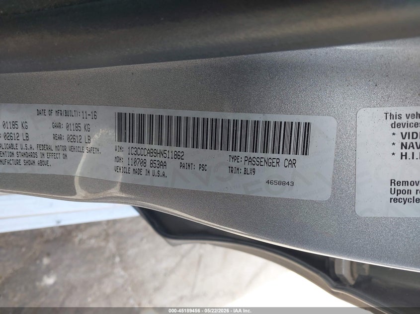 2017 Chrysler 200 VIN 1C3CCCAB9HN511862 IAAI salvage auction — LEFT FRONT, Salvage (Illinois), sold $800 on 2026-08-26 (photo 9)
