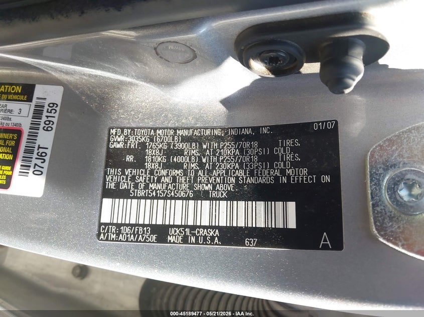 2007 Toyota Tundra VIN 5TBRT54157S450676 IAAI salvage auction — LEFT REAR, Salvage (California), sold $25 on 2026-07-30 (photo 9)