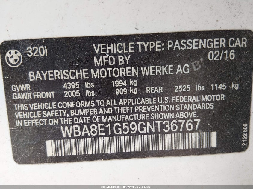 2016 BMW 3er VIN WBA8E1G59GNT36767 IAAI salvage auction — FRONT END, Salvage (Texas), sold $375 on 2026-08-04 (photo 9)