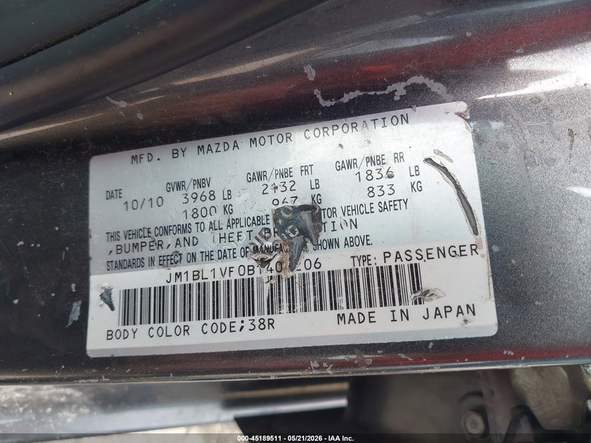 2011 Mazda 3 VIN JM1BL1VF0B1404206 IAAI salvage auction — RIGHT REAR, Original (Texas), sold $600 on 2026-07-08 (photo 9)