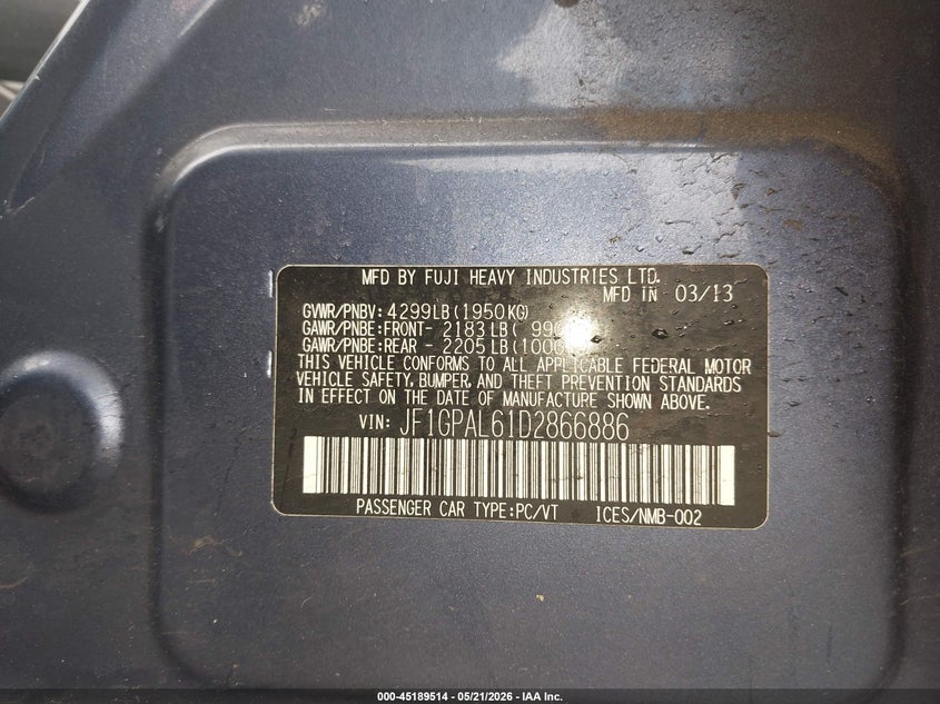 2013 Subaru Impreza VIN JF1GPAL61D2866886 IAAI salvage auction — FRONT END, Salvage (New Jersey), sold $550 on 2026-07-20 (photo 9)