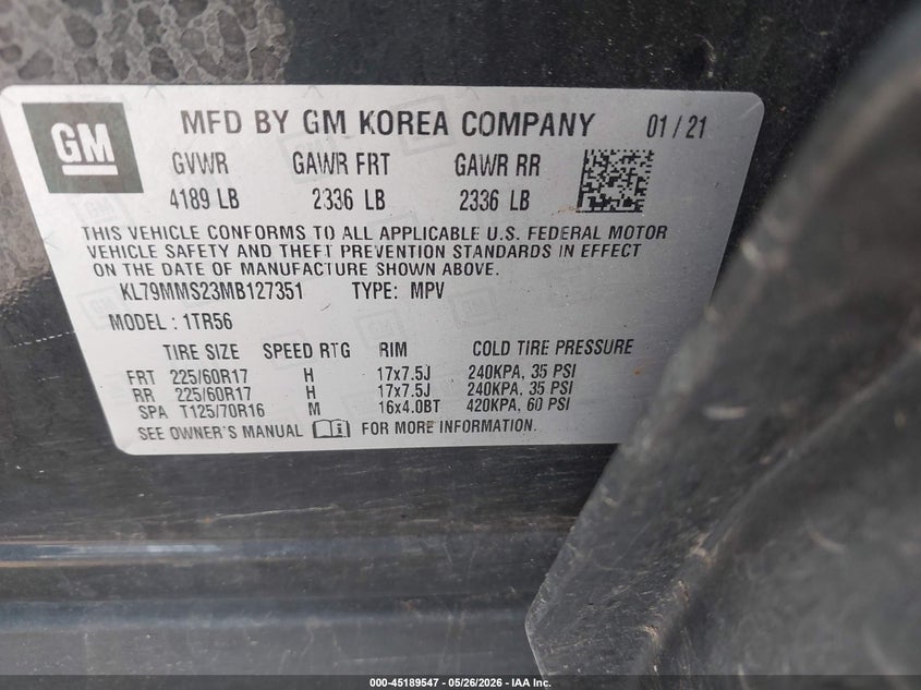 2021 Chevrolet Trailblazer VIN KL79MMS23MB127351 IAAI salvage auction — HAIL, Salvage (Ohio), sold $25 on 2026-07-28 (photo 9)