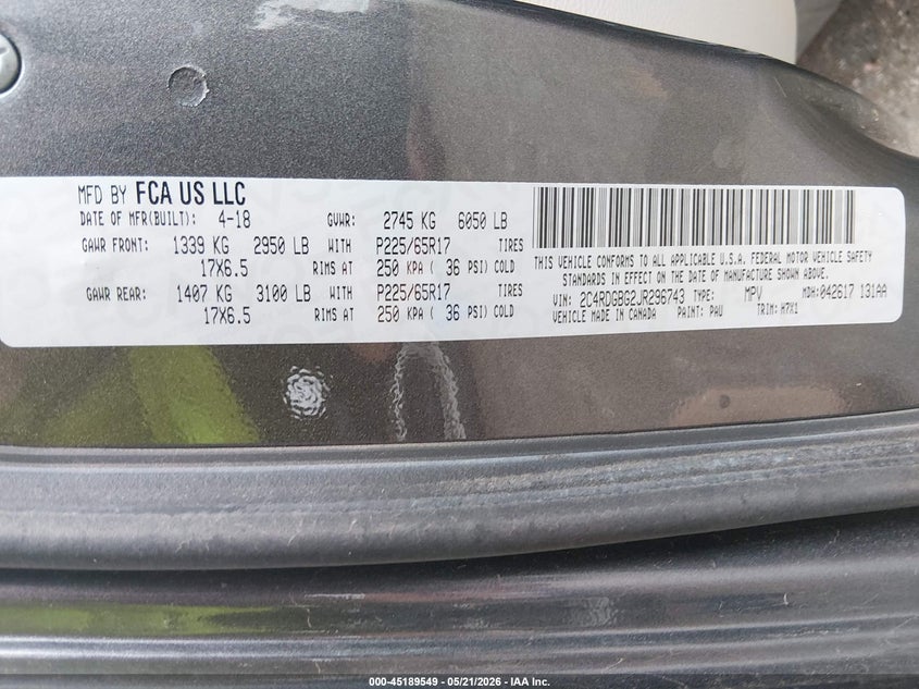 2018 Dodge Caravan VIN 2C4RDGBG2JR296743 IAAI salvage auction — NORMAL WEAR, SF97 (Oklahoma), sold $12,200 on 2026-07-09 (photo 8)