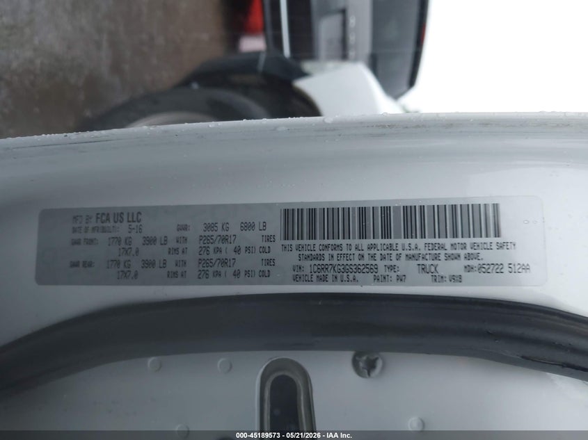 2016 Ram 1500 VIN 1C6RR7KG3GS362569 IAAI salvage auction — NORMAL WEAR, SF97 (Oklahoma), sold $15,100 on 2026-07-09 (photo 9)