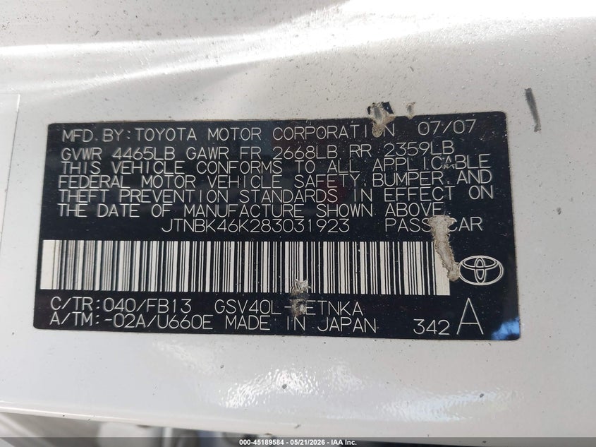 2008 Toyota Camry VIN JTNBK46K283031923 IAAI salvage auction — FRONT END, Clear (Hawaii), sold $625 on 2026-07-21 (photo 9)