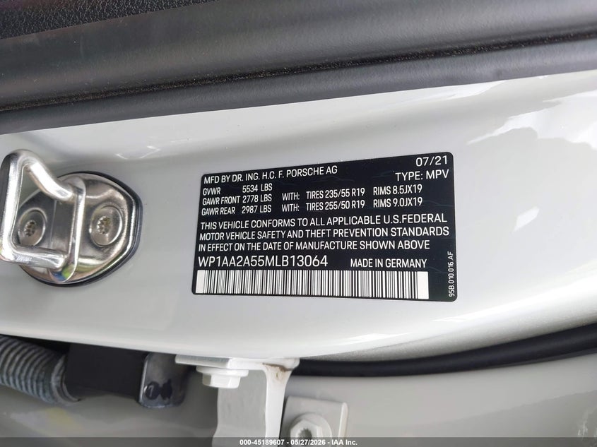 2021 Porsche Macan VIN WP1AA2A55MLB13064 IAAI salvage auction — FRONT END, Original (Texas), sold $23,300 on 2026-07-07 (photo 9)
