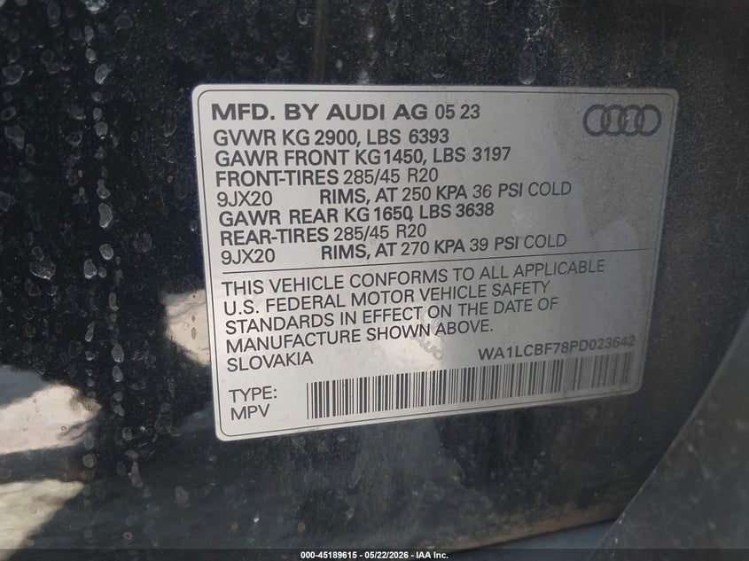 2023 Audi Q7 VIN WA1LCBF78PD023642 IAAI salvage auction — FRONT END, Original (Texas), sold $17,900 on 2026-07-28 (photo 9)