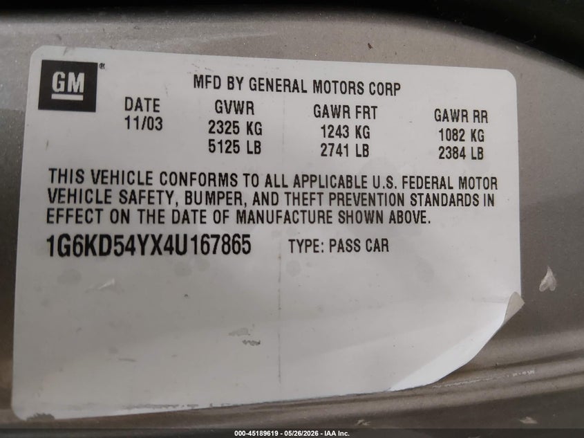 2004 Cadillac Deville VIN 1G6KD54YX4U167865 IAAI salvage auction — NORMAL WEAR, Original (Alaska), sold $600 on 2026-07-10 (photo 9)