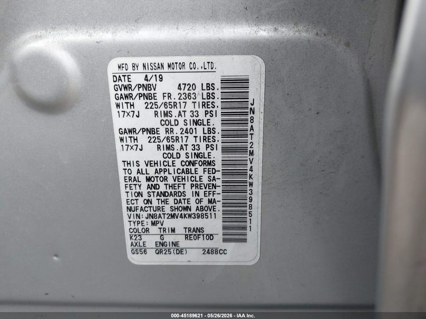 2019 Nissan Rogue VIN JN8AT2MV4KW398511 IAAI salvage auction — FRONT END, Bill Of Sale (Washington), sold $4,150 on 2026-07-15 (photo 9)