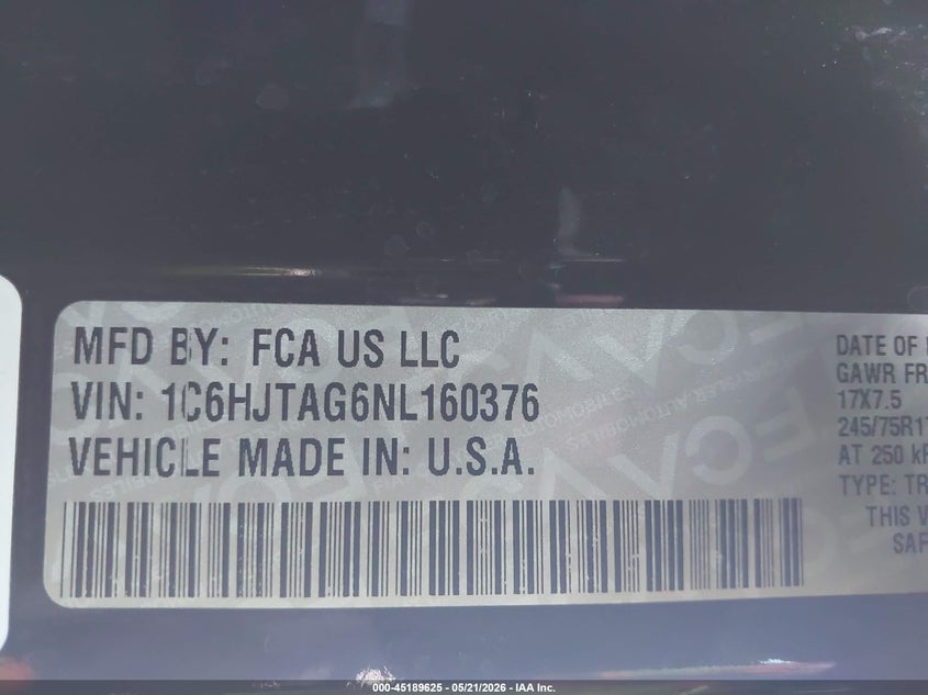 2022 Jeep Gladiator VIN 1C6HJTAG6NL160376 IAAI salvage auction — THEFT, Salvage (Arizona), sold $13,200 on 2026-07-28 (photo 9)
