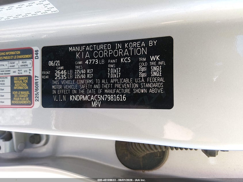 2022 Kia Sportage VIN KNDPMCAC5N7981616 IAAI salvage auction — HAIL, Salvage Title, sold $25 on 2026-07-27 (photo 9)