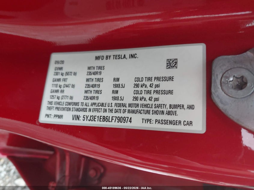2020 Tesla Model 3 VIN 5YJ3E1EB6LF790974 IAAI salvage auction — HAIL, Clear (Missouri), sold $7,200 on 2026-07-27 (photo 9)