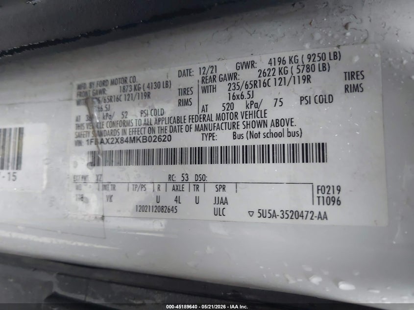 2021 Ford Transit VIN 1FBAX2X84MKB02620 IAAI salvage auction — NORMAL WEAR, Sf97 (Oklahoma), sold $14,500 on 2026-07-09 (photo 9)