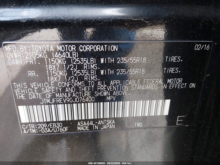 2016 Toyota VIN JTMJFREV9GJ076400 IAAI salvage auction — FRONT END, Original (Texas), sold $5,100 on 2026-07-12 (photo 9)