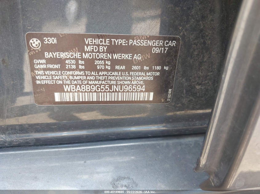 2018 BMW 3er VIN WBA8B9G55JNU96594 IAAI salvage auction — FRONT END, Salvage (Texas), sold $2,275 on 2026-07-07 (photo 9)