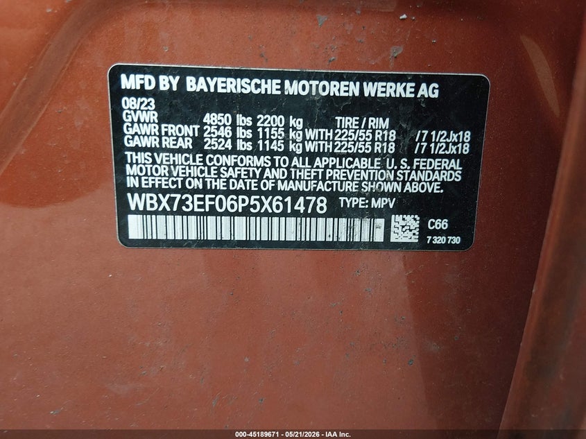 2023 BMW X1 VIN WBX73EF06P5X61478 IAAI salvage auction — LEFT REAR, Salvage (Massachusetts), sold $12,850 on 2026-07-17 (photo 9)