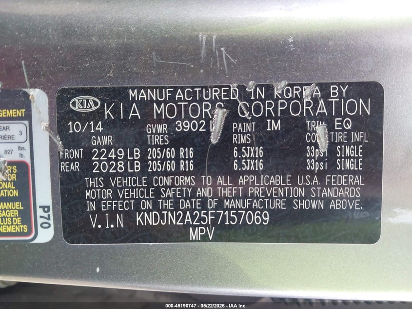 2015 Kia Soul VIN KNDJN2A25F7157069 IAAI salvage auction — REAR END, Original (Texas), sold $875 on 2026-07-28 (photo 9)