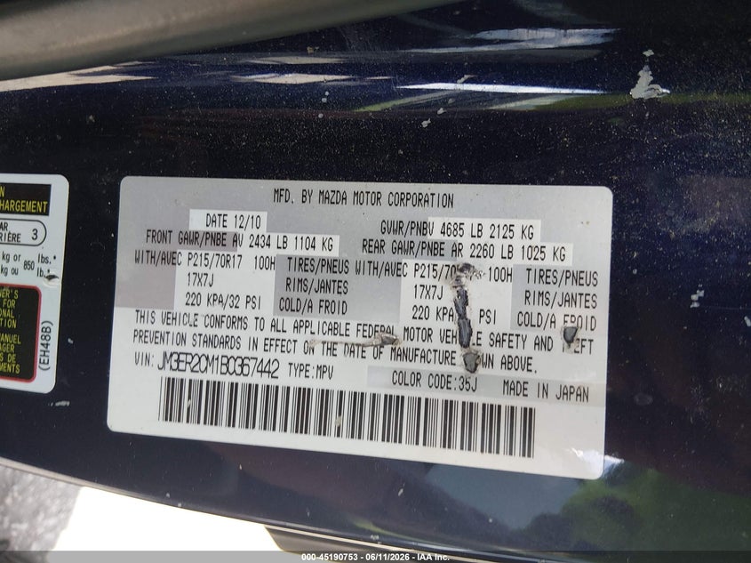 2011 Mazda Cx-7 VIN JM3ER2CM1B0367442 IAAI salvage auction — RIGHT FRONT, Repossession Paperwork (South Carolina), sold $225 on 2026-07-24 (photo 9)