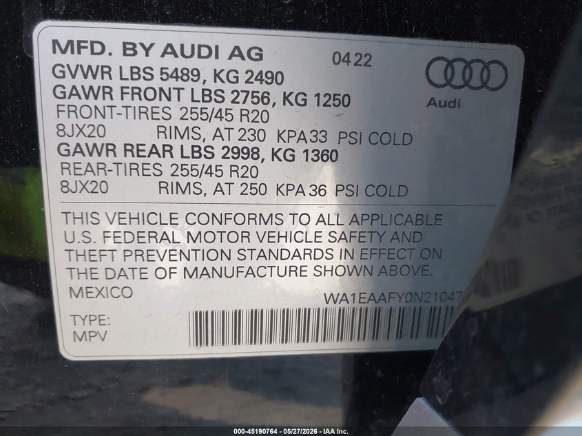 2022 Audi Q5 VIN WA1EAAFY0N2104791 IAAI salvage auction — REAR END, Salvage Title, sold $13,100 on 2026-07-12 (photo 9)