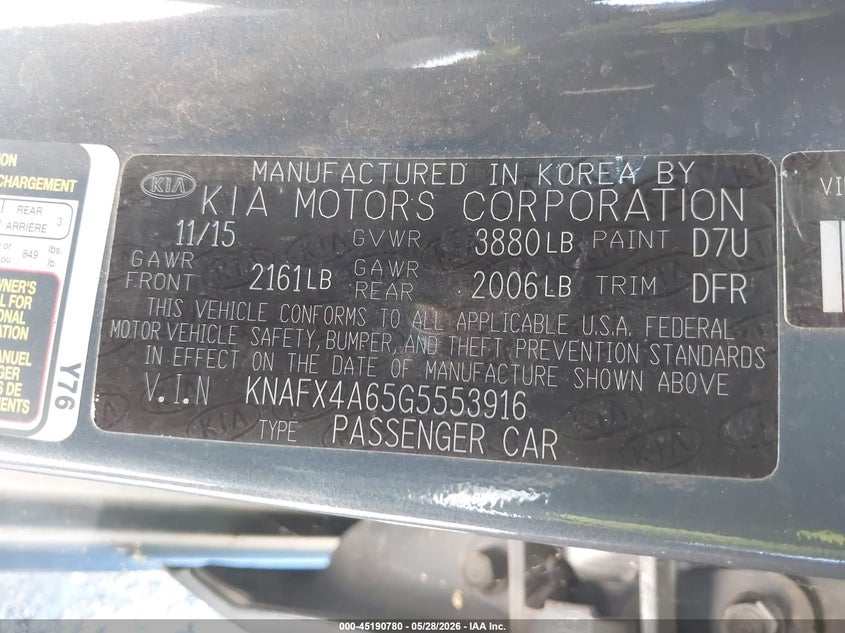 2016 Kia Forte VIN KNAFX4A65G5553916 IAAI salvage auction — NORMAL WEAR, Salvage Title, sold $1,200 on 2026-07-20 (photo 9)