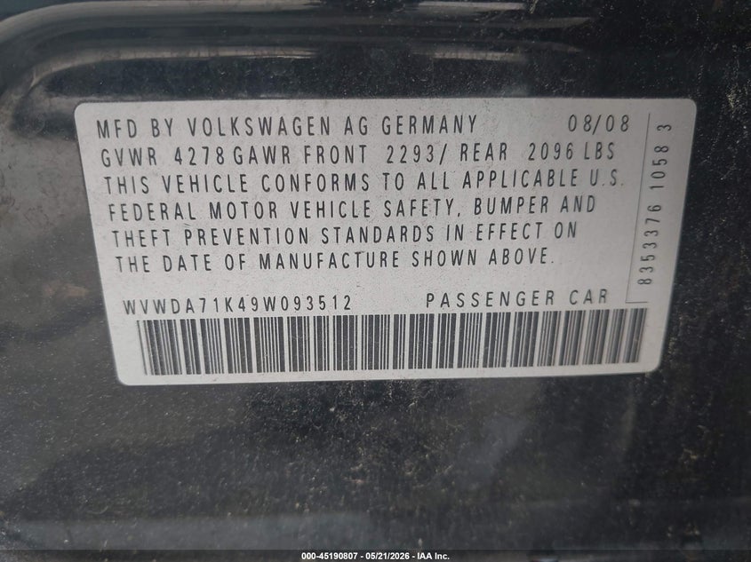 2009 Volkswagen Rabbit VIN WVWDA71K49W093512 IAAI salvage auction — FRONT END, Repossession Paperwork (Georgia), sold $300 on 2026-07-22 (photo 9)