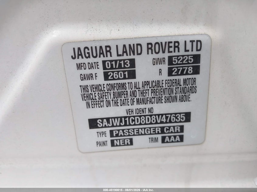 2013 Jaguar Xj VIN SAJWJ1CD8D8V47635 IAAI salvage auction — STRIPPED, Clear (Florida), sold $525 on 2026-07-15 (photo 9)