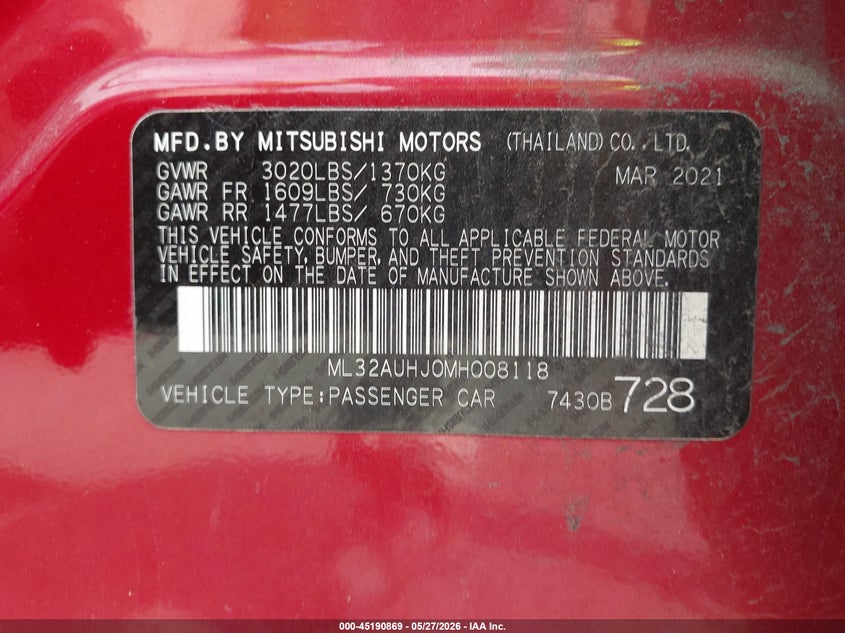 2021 Mitsubishi Mirage VIN ML32AUHJ0MH008118 IAAI salvage auction — ALL OVER, Salvage Title, sold $1,150 on 2026-07-17 (photo 9)