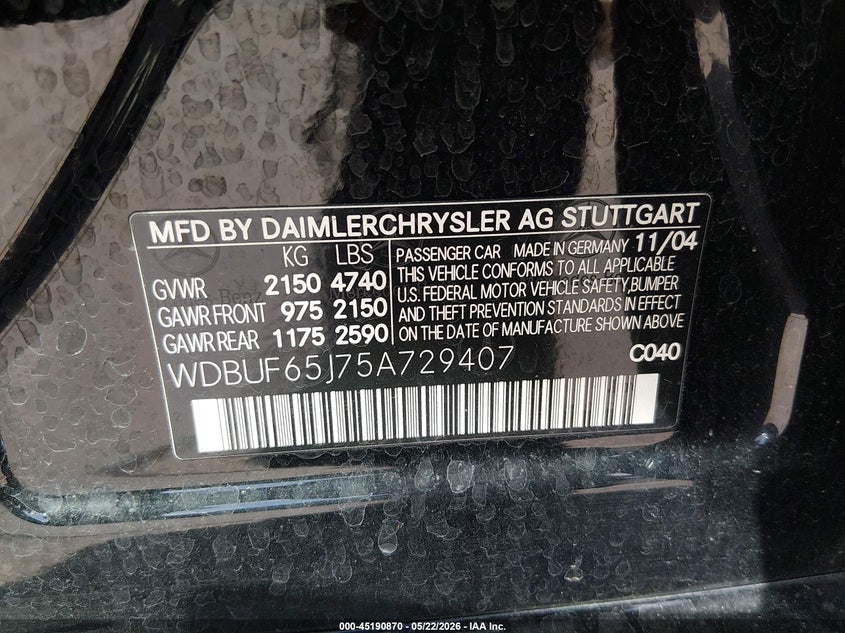 2005 Mercedes-benz E-class VIN WDBUF65J75A729407 IAAI salvage auction — NORMAL WEAR, Original (Texas), sold $575 on 2026-08-10 (photo 9)
