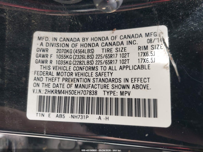 2014 Honda Cr-v VIN 2HKRM4H50EH707838 IAAI salvage auction — WATER/FLOOD, Mv-907A (New York), sold $2,150 on 2026-07-26 (photo 9)