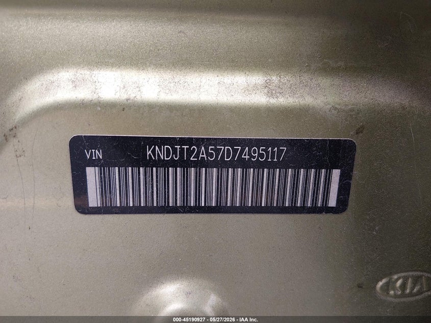 2013 Kia Soul VIN KNDJT2A57D7495117 IAAI salvage auction — RIGHT SIDE, Salvage Title, sold $250 on 2026-07-22 (photo 9)