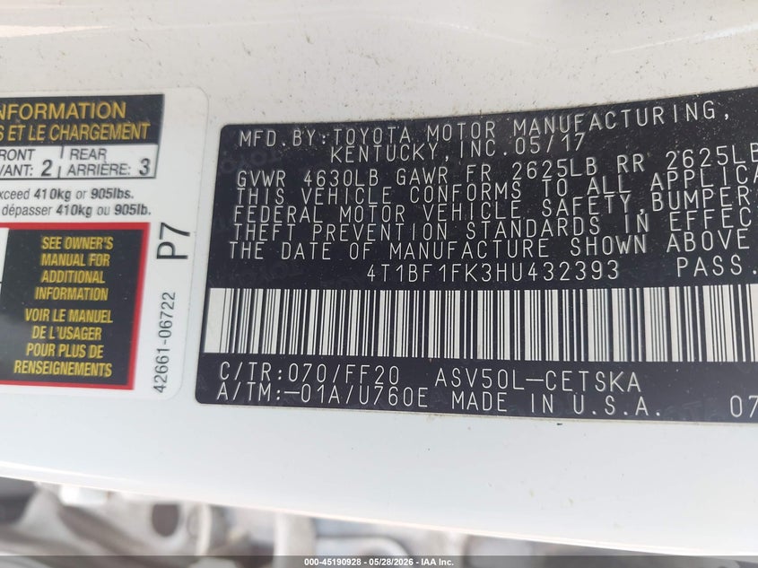 2017 Toyota Camry VIN 4T1BF1FK3HU432393 IAAI salvage auction — FRONT END, Salvage Title, sold $3,950 on 2026-07-31 (photo 9)