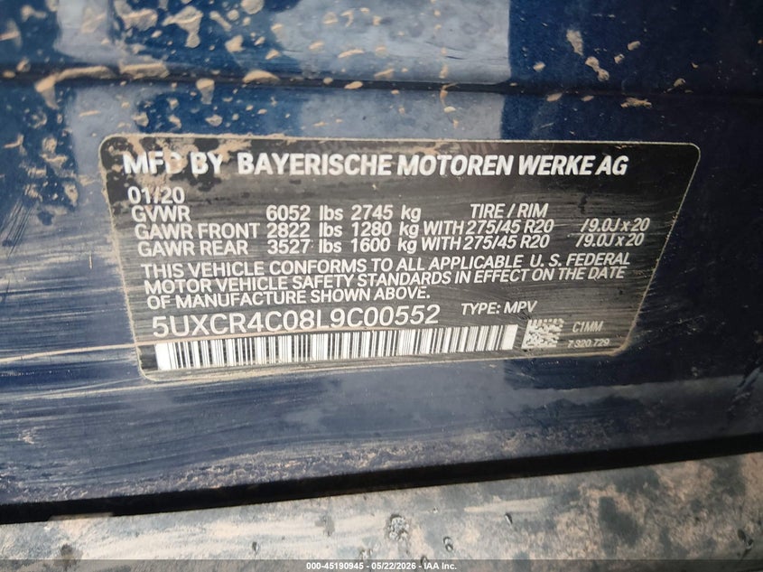 2020 BMW X5 VIN 5UXCR4C08L9C00552 IAAI salvage auction — REAR END, Salvage (South Carolina), sold $16,800 on 2026-07-09 (photo 9)