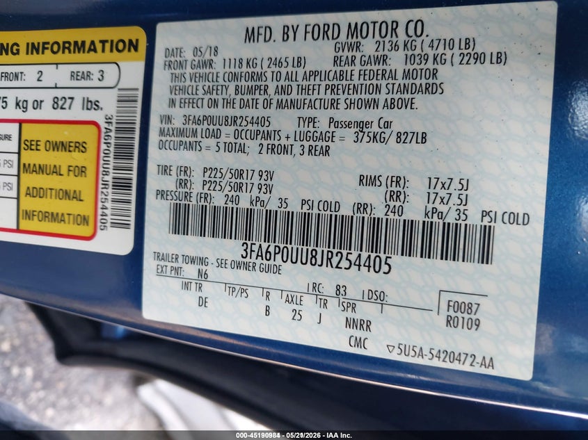 2018 Ford Fusion VIN 3FA6P0UU8JR254405 IAAI salvage auction — NORMAL WEAR, SF97 (South Carolina), sold $10,100 on 2026-07-16 (photo 9)