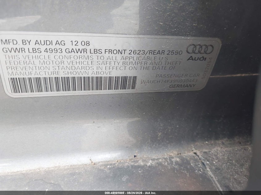 2009 Audi A6 VIN WAUCH74F39N030443 IAAI salvage auction — FRONT END, Salvage (Idaho), sold $275 on 2026-07-22 (photo 9)