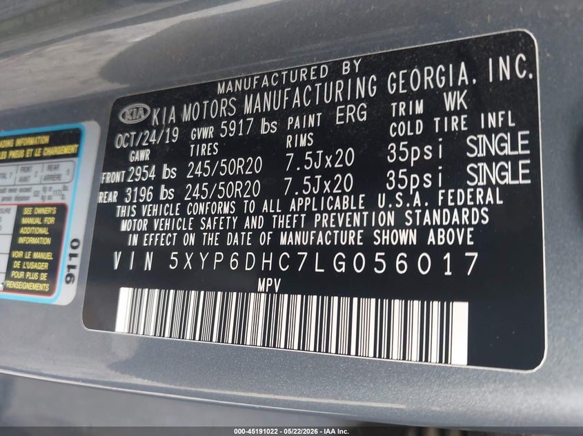 2020 Kia Telluride VIN 5XYP6DHC7LG056017 IAAI salvage auction — FRONT END, Salvage (Georgia), sold $4,700 on 2026-07-29 (photo 9)