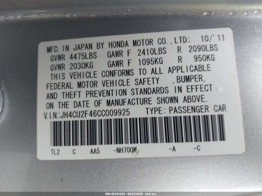 2012 Acura Tsx VIN JH4CU2F46CC009925 IAAI salvage auction — FRONT END, Salvage (North Carolina), sold $475 on 2026-07-10 (photo 9)