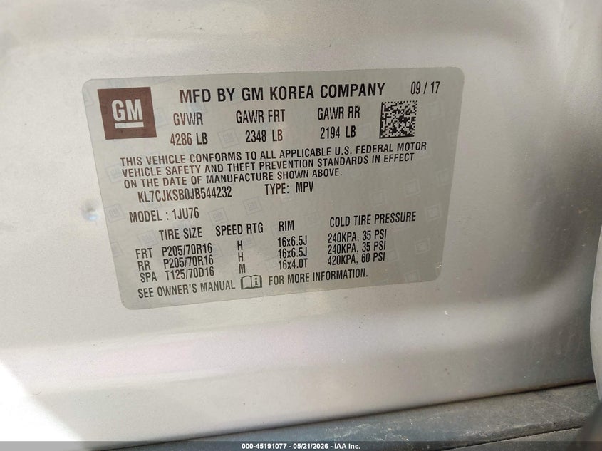 2018 Chevrolet Trax VIN KL7CJKSB0JB544232 IAAI salvage auction — RIGHT FRONT, Salvage (Illinois), sold $1,000 on 2026-07-15 (photo 9)