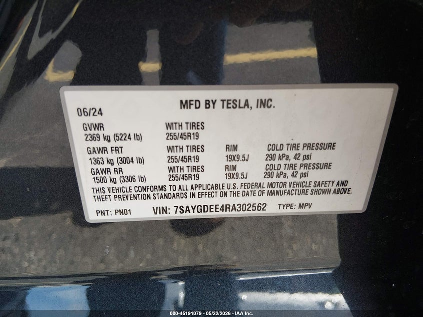 2024 Tesla Model y VIN 7SAYGDEE4RA302562 IAAI salvage auction — RIGHT SIDE, Rebuildable (Florida), sold $7,775 on 2026-07-30 (photo 9)