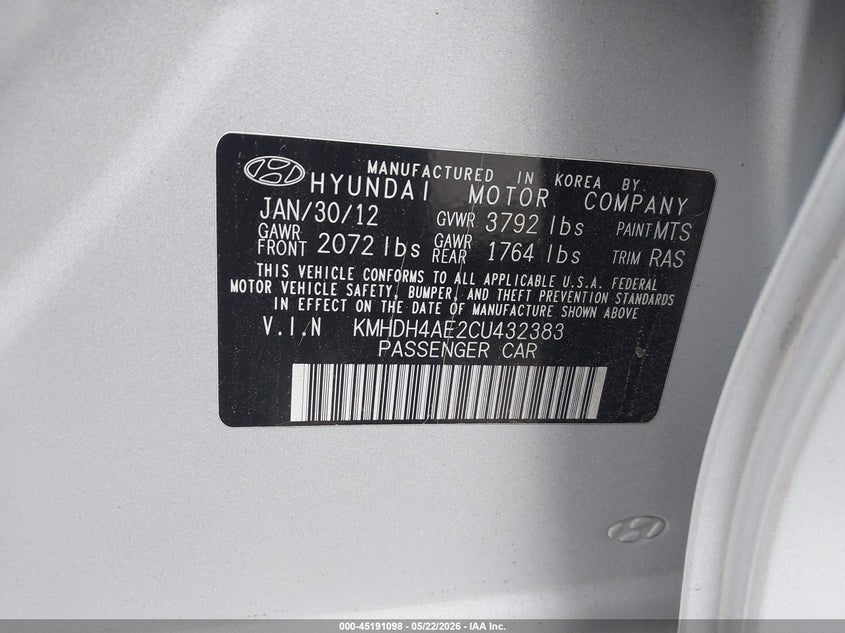 2012 Hyundai Elantra VIN KMHDH4AE2CU432383 IAAI salvage auction — FRONT END, Salvage (North Carolina), sold $375 on 2026-07-30 (photo 9)