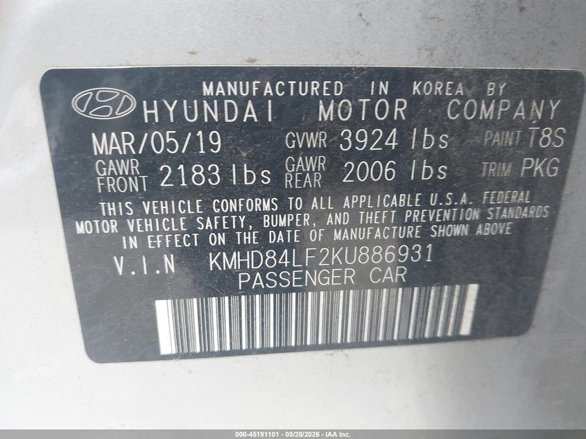 2019 Hyundai Elantra VIN KMHD84LF2KU886931 IAAI salvage auction — REAR END, Salvage Title, sold $2,600 on 2026-07-16 (photo 9)