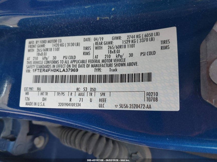 2019 Ford Ranger VIN 1FTER4FH0KLA37969 IAAI salvage auction — HAIL, Salvage Title, sold $13,250 on 2026-07-23 (photo 9)