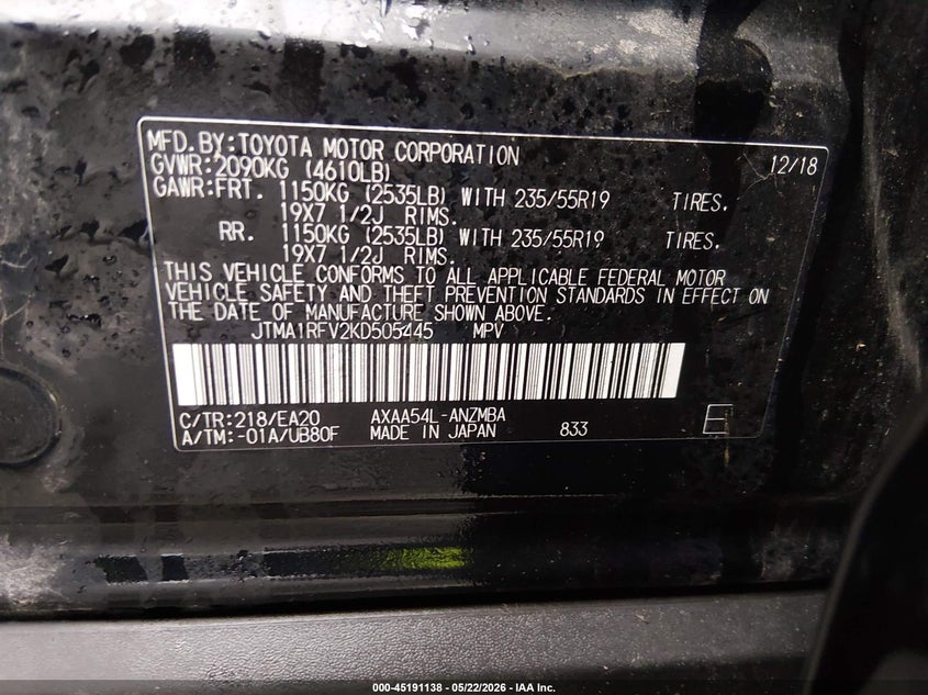 2019 Toyota Rav 4 VIN JTMA1RFV2KD505445 IAAI salvage auction — RIGHT FRONT, Salvage (West Virginia), sold $11,450 on 2026-07-15 (photo 9)