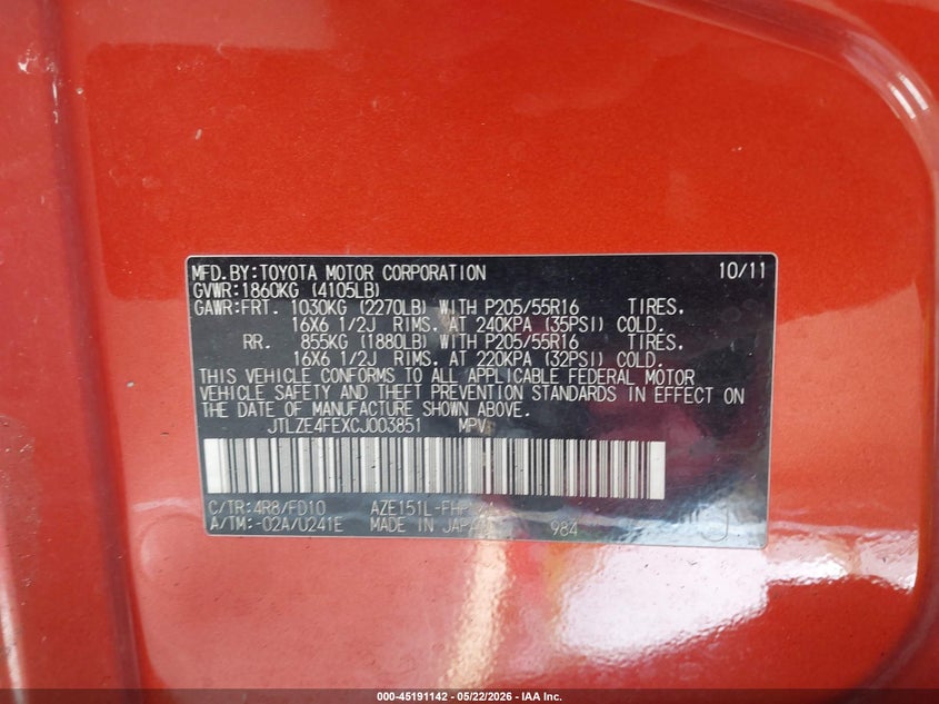 2012 Scion Xb VIN JTLZE4FEXCJ003851 IAAI salvage auction — WATER/FLOOD, Rebuildable (Florida), sold $325 on 2026-07-08 (photo 9)