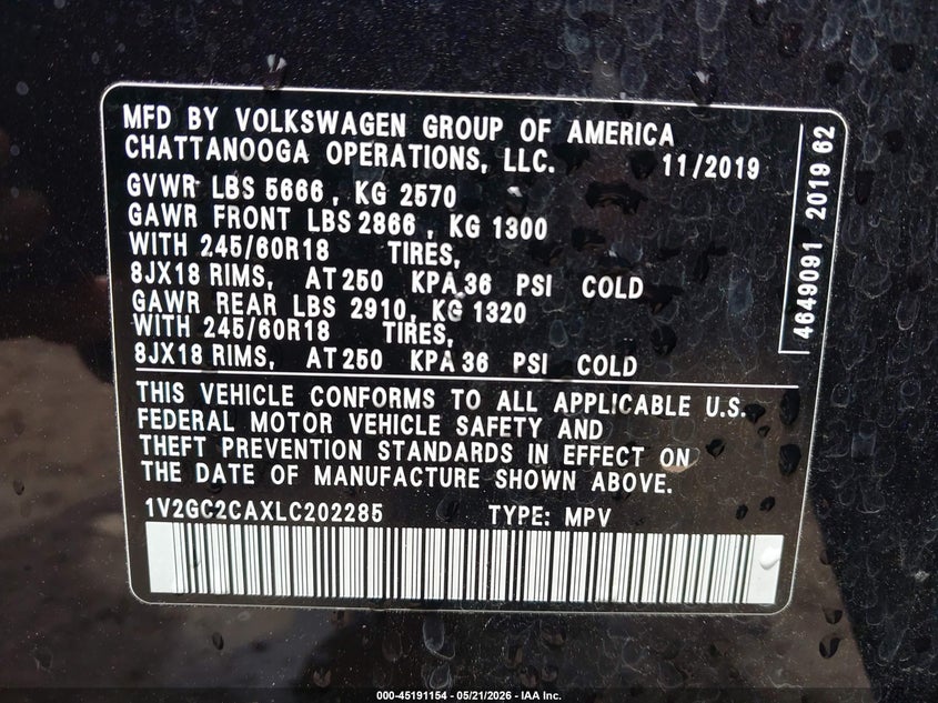 2020 Volkswagen Atlas cross sport VIN 1V2GC2CAXLC202285 IAAI salvage auction — SIDE, Salvage (Ohio), sold $7,700 on 2026-07-09 (photo 9)