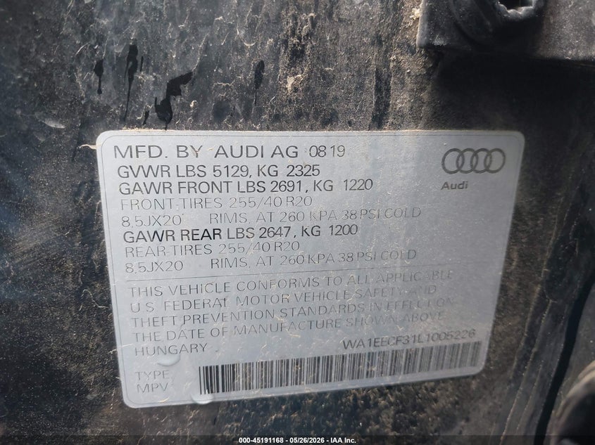 2020 Audi Q3 VIN WA1EECF31L1005226 IAAI salvage auction — FRONT END, Original (Texas), sold $7,000 on 2026-07-11 (photo 9)