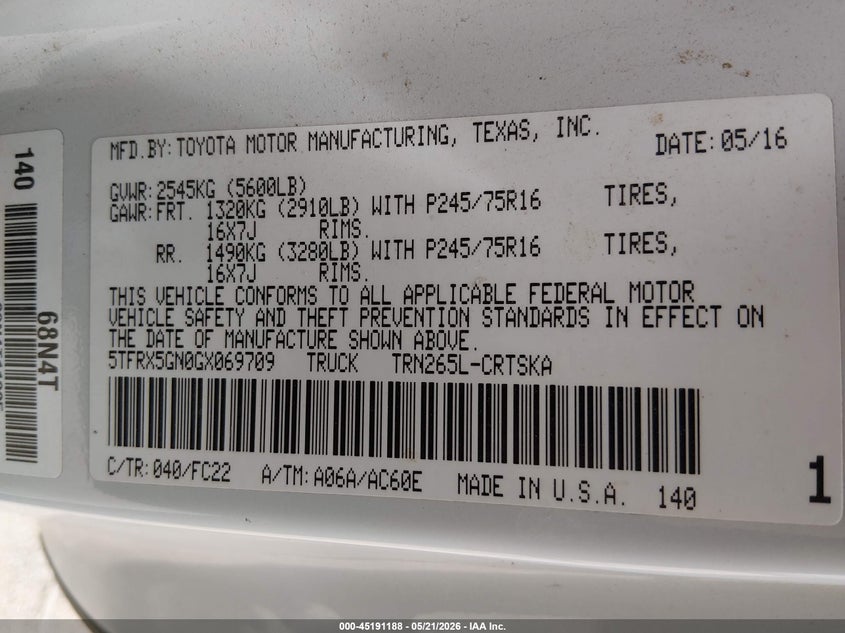 2016 Toyota Tacoma VIN 5TFRX5GN0GX069709 IAAI salvage auction — FRONT END, Certificate Of Title (Nebraska), sold $6,300 on 2026-07-30 (photo 9)
